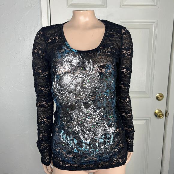 Vintage Y2K Angel & Diamonds Women's Shirt Large Floral Sheer Lace Wing Paint A9 - Picture 1 of 7